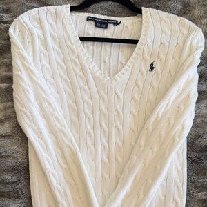 Ralph Lauren Cream/White Cable Knit V-Neck Sweater
